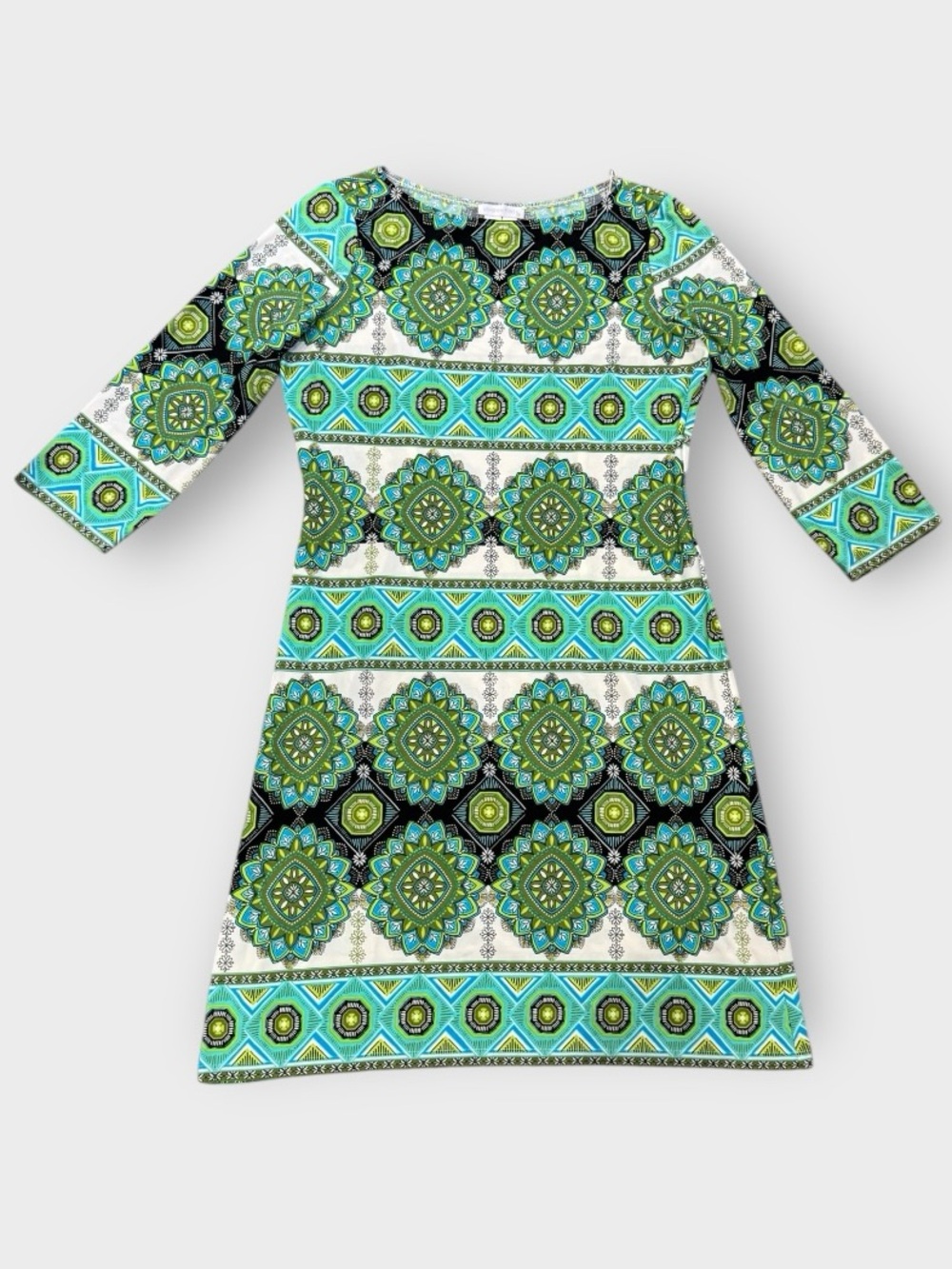 London Times Size 6 Geometric Print Sheath Dress Blue Green Resort Preppy